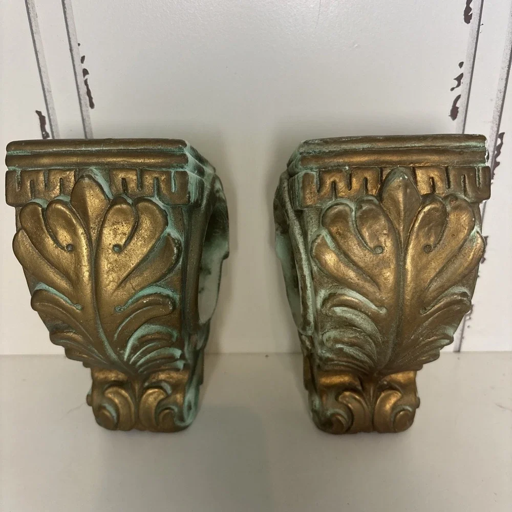 VTG Drapery Sconce Curtain Rod Holders Corbels Gold Hollywood Regency Set of 2‎